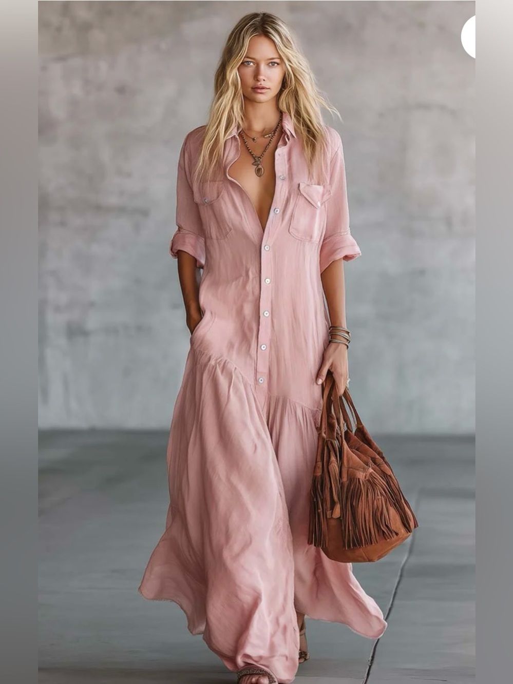 OYROSY V-neck Front Button Short Sleeve Pink Cotton Linen Shirt Maxi Dress